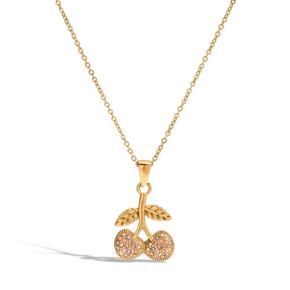 New 18k Gold Plated Gold Crystal Cherry Pendant Necklace